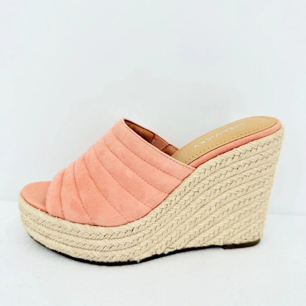 Lisa Vicky Womens Coral Pink Quilted Espadrille Wedge Mules Sz 6M Platform NWOB